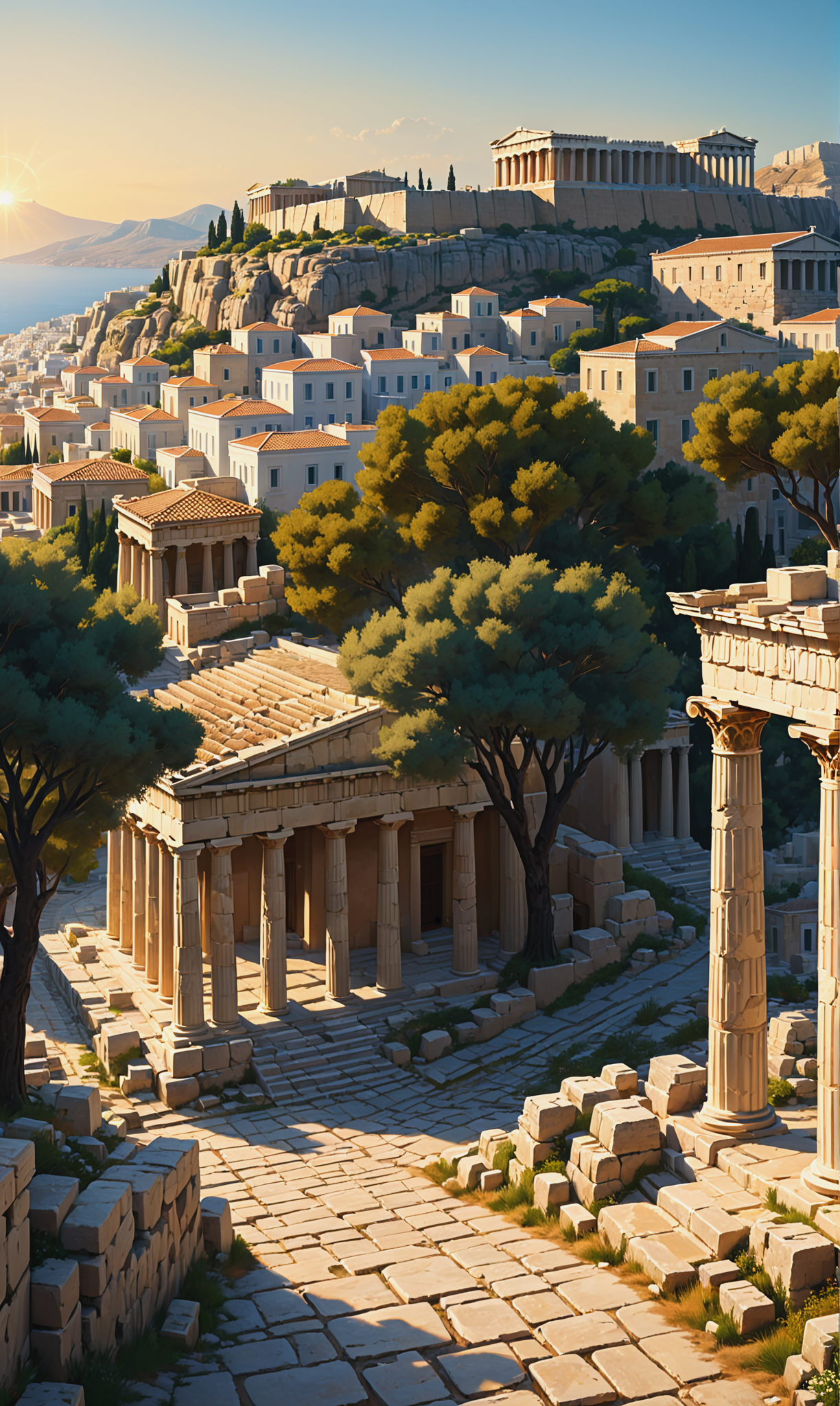 02462-2539954129-Ancient Greek city at sunrise, Acropolis standing majestic against the warm hues of the morning sky, Doric columns casting long.png